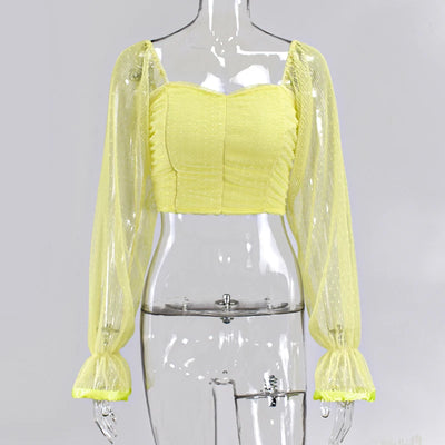 Sweetheart Neckline Lantern Sleeve Blouse - Polka Dot Mesh