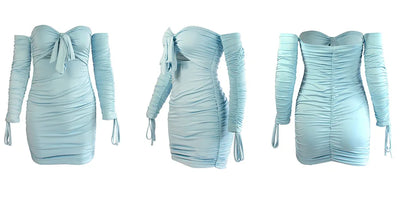Light blue off-shoulder bodycon mini dress shown from front, back and side views