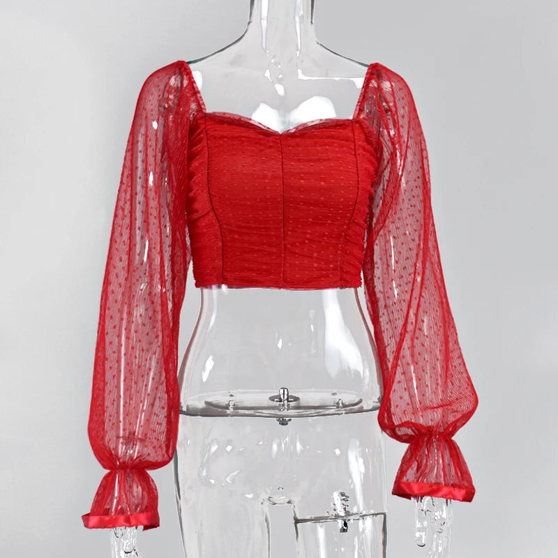 Sweetheart Neckline Lantern Sleeve Blouse - Polka Dot Mesh