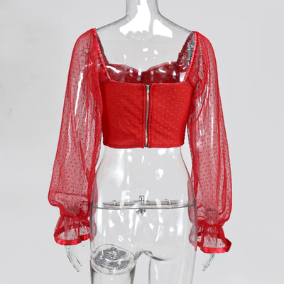 Sweetheart Neckline Lantern Sleeve Blouse - Polka Dot Mesh