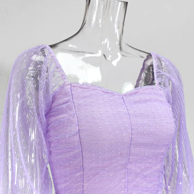 Sweetheart Neckline Lantern Sleeve Blouse - Polka Dot Mesh