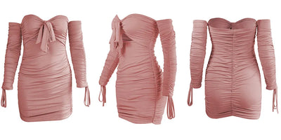 Dusty pink ruched off-shoulder mini dress with long sleeves and side tie detailing