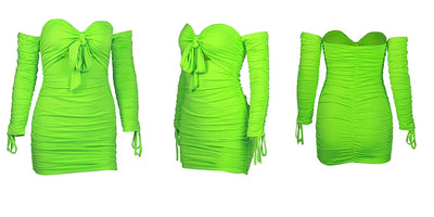 Fluorescent green ruched off-shoulder mini dress with long sleeves and bow-tie cuffs