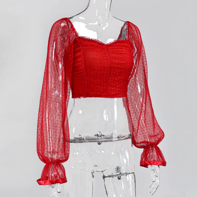 Sweetheart Neckline Lantern Sleeve Blouse - Polka Dot Mesh