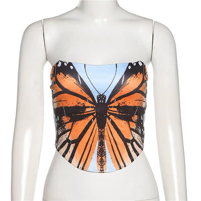 Multicolor butterfly-print strapless crop top on mannequin