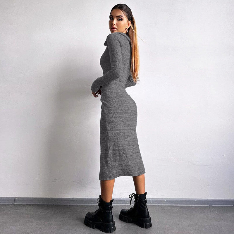 Bodycon Dress - Long Sleeve Tie Waist Split - Fashions Envy