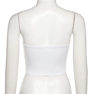 White mannequin wearing a multicolor butterfly print crop top with straight band