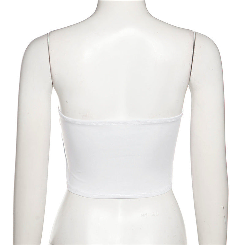 White mannequin wearing a multicolor butterfly print crop top with straight band
