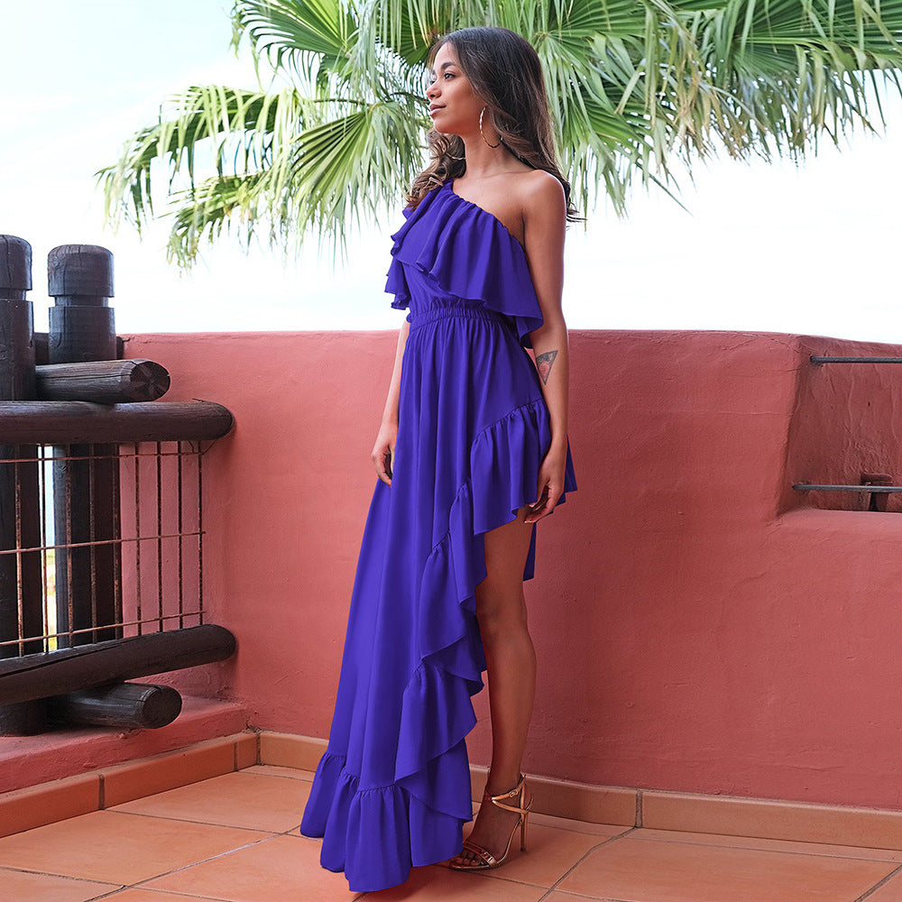 Sloping Shoulder Ruffle Prom Dress - Romantic Maxi Gown