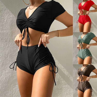 Swimsuit Women's Solid Color Sexy Short Sleeve Swimwear - Fashions Envy