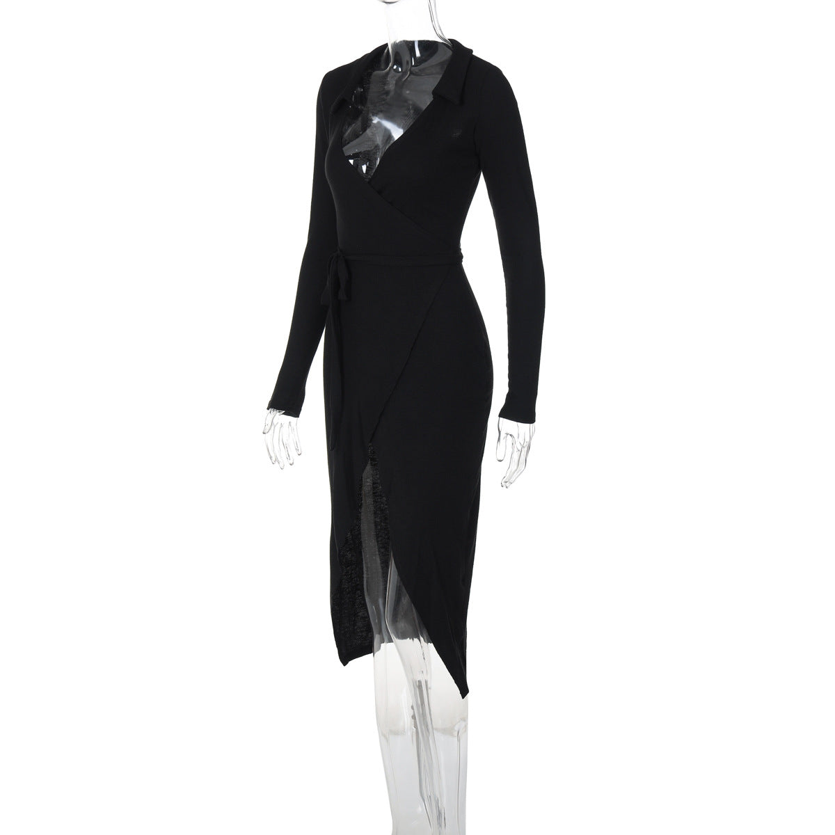Bodycon Dress - Long Sleeve Tie Waist Split - Fashions Envy
