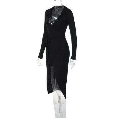 Bodycon Dress - Long Sleeve Tie Waist Split - Fashions Envy