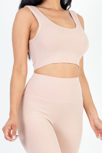 Casual Stretch Ribbed Crop Top & Leggings Set