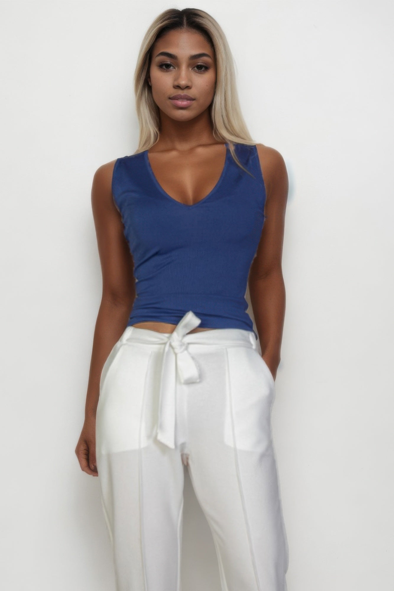 Ribbed V-neck Sleeveless Tank Top
