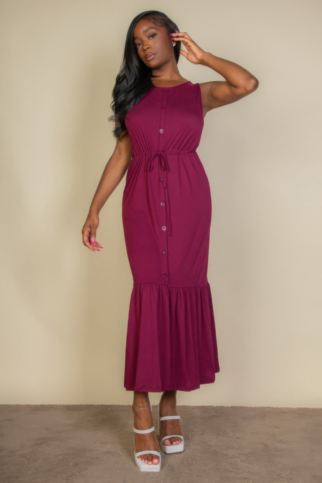 Button Front Tie Waist Sleeveless Maxi Dress - Fashions Envy