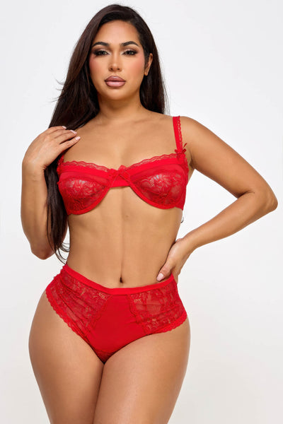 Red Lingerie Set - High Waist Thong - Fashions Envy