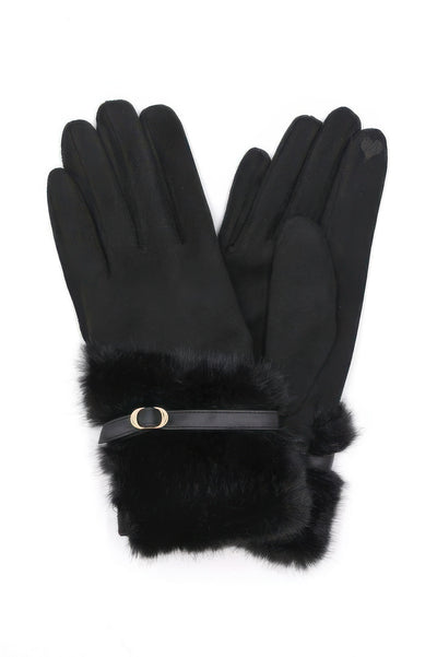 Black winter gloves with faux fur cuff and buckle strap, touchscreen tips visible, faux fur smart touch gloves for warmth