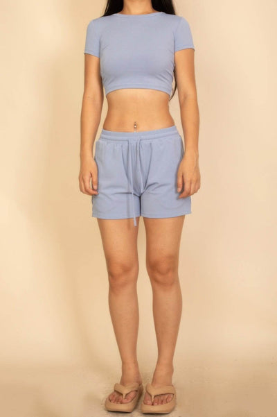 Ribbed Knit Drawstring Lounge Shorts Set - Cozy Two Piece Set - Fashions Envy