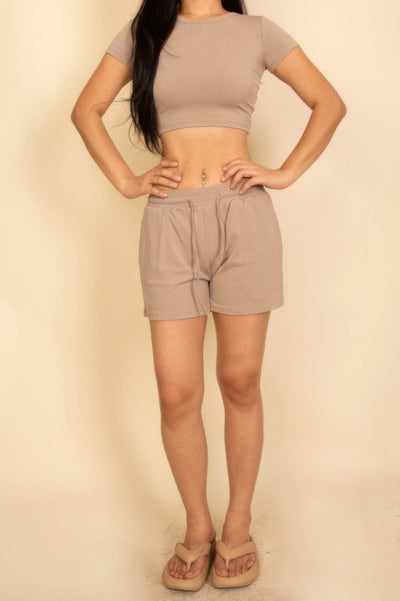 Ribbed Knit Drawstring Lounge Shorts Set - Cozy Two Piece Set - Fashions Envy