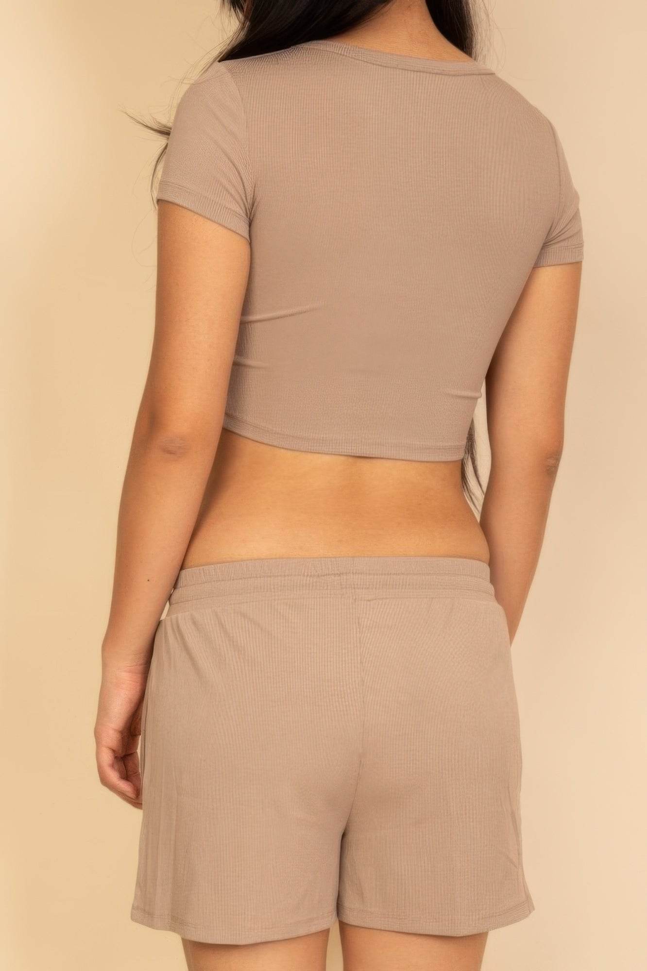 Ribbed Knit Drawstring Lounge Shorts Set - Cozy Two Piece Set - Fashions Envy
