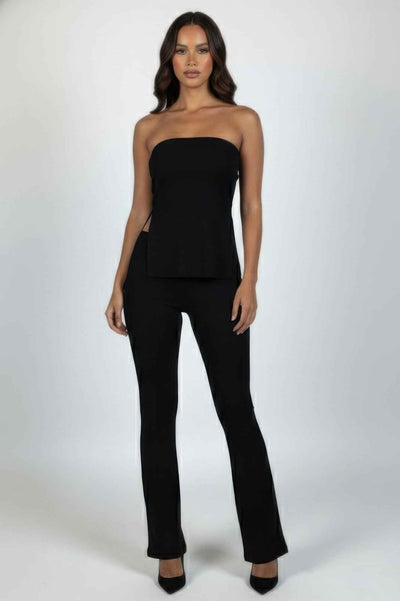 CAPELLA Ribbed Tube Top & Flare Pants Set - Side Slit