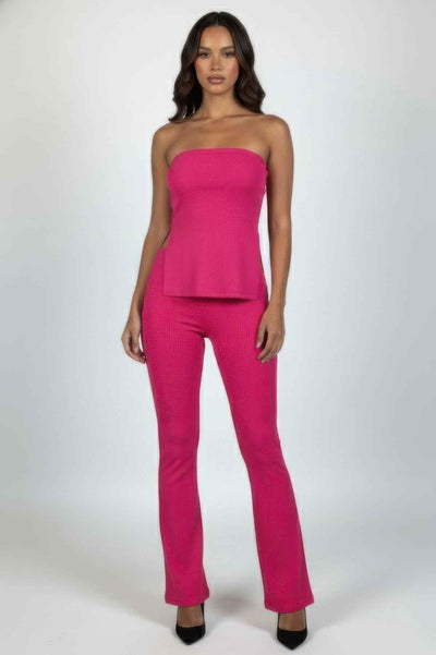 CAPELLA Ribbed Tube Top & Flare Pants Set - Side Slit