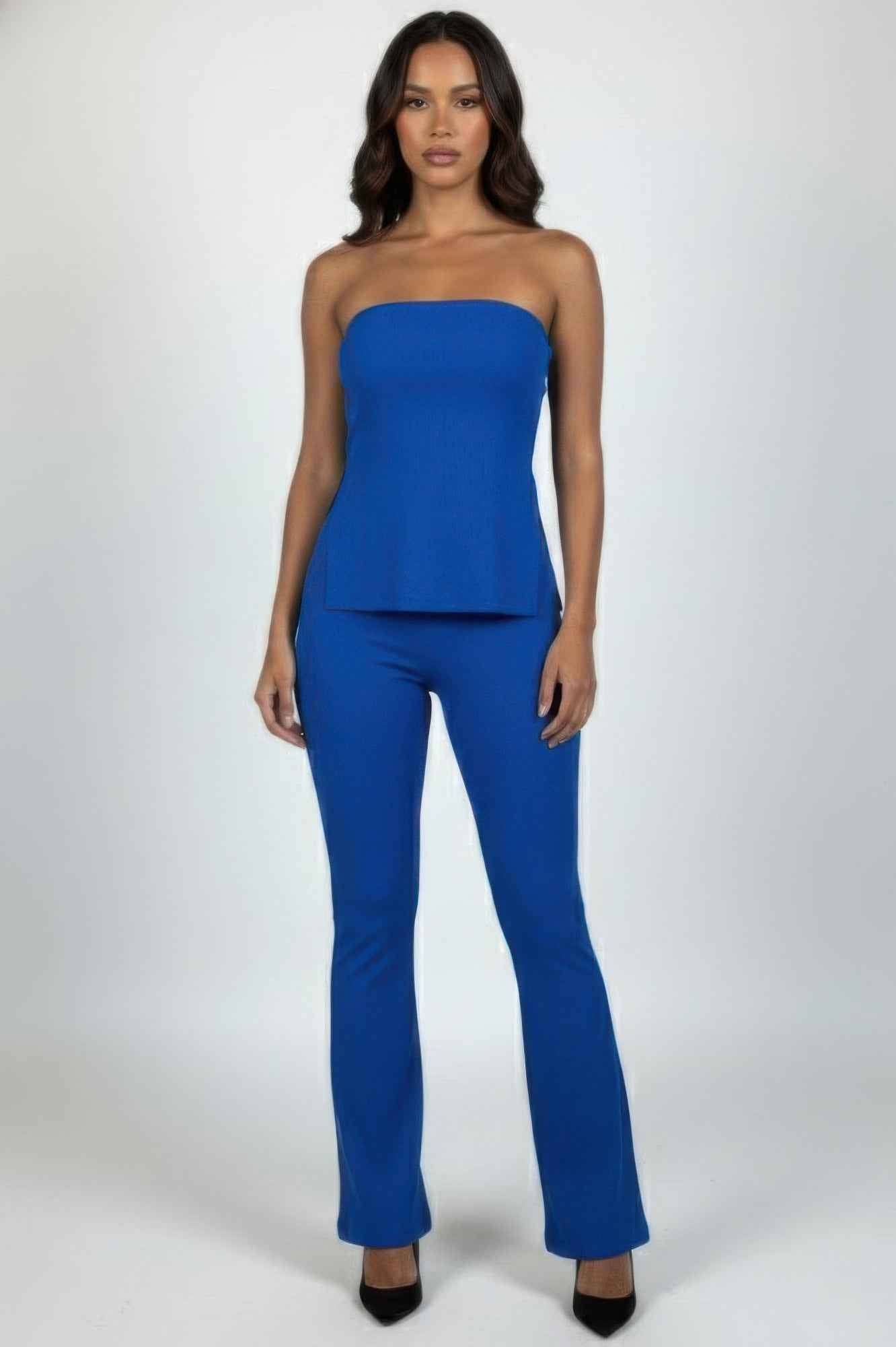 CAPELLA Ribbed Tube Top & Flare Pants Set - Side Slit