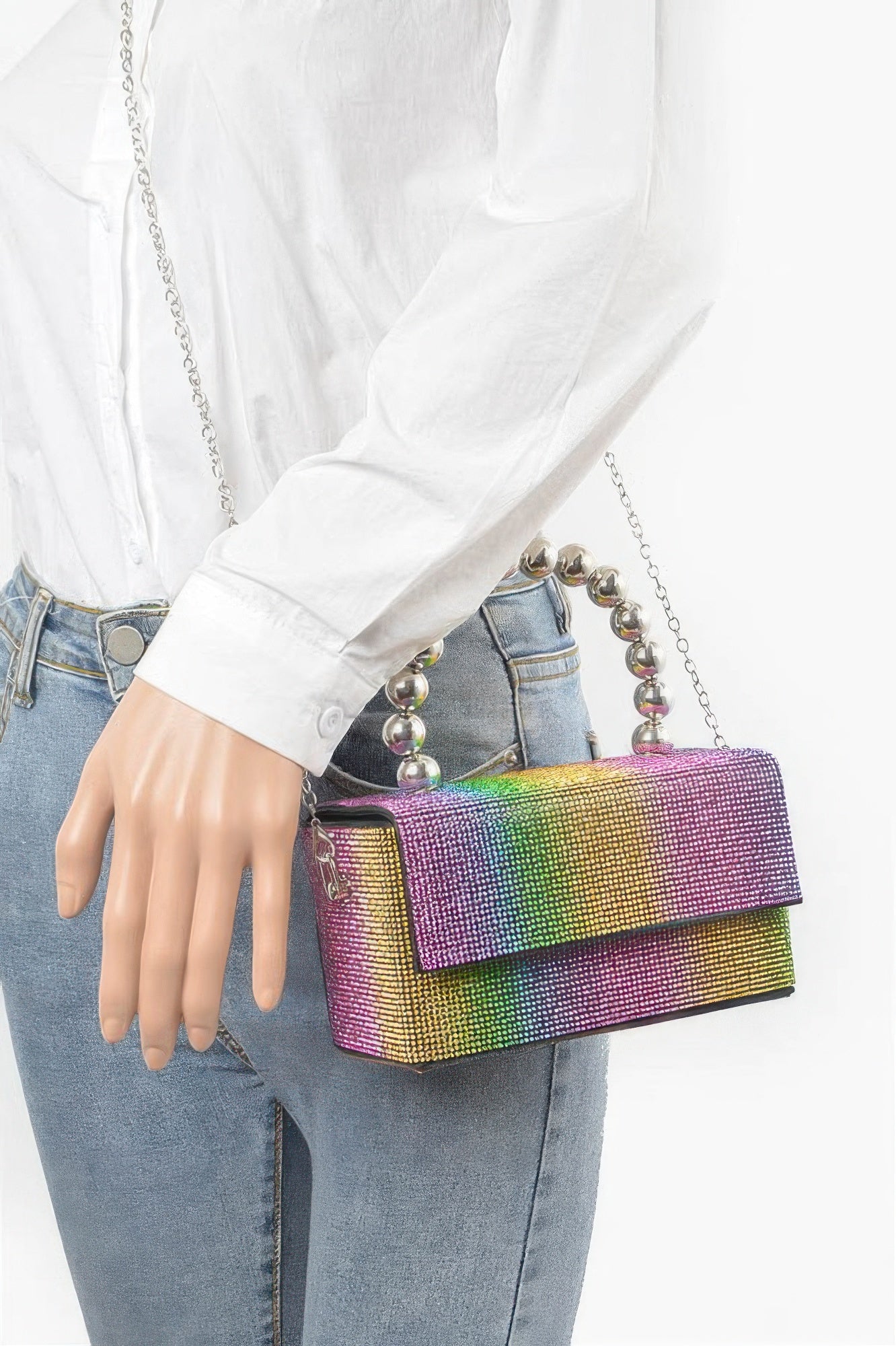 Rhinestone Ball Chain Handle Bag - Fashions Envy