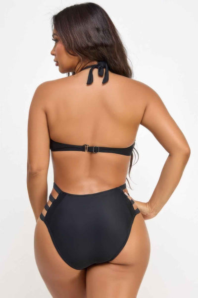 Mesh Front One Piece Swimsuit - High Neck Strappy Sides