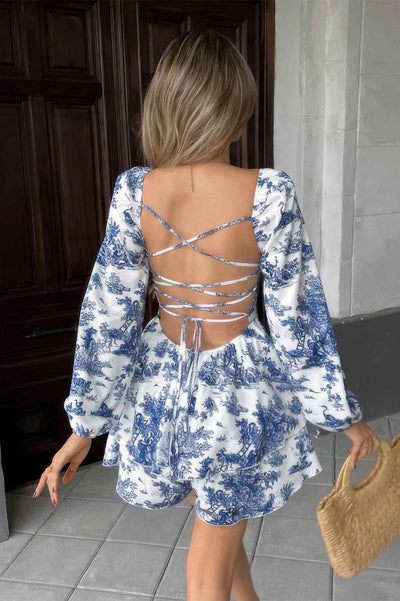 Elegant Print Ruffle Open Back Romper
