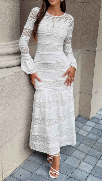 Lace Mermaid Round Neck Solid Maxi Dress