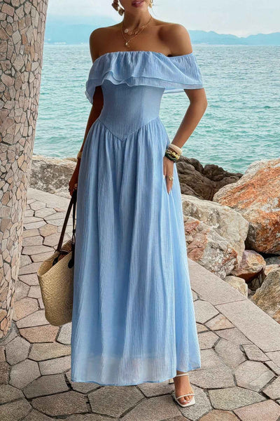 Light Blue Off Shoulder Maxi Dress - Corset Ruffle