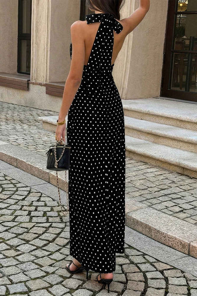 Polka Dot Sleeveless Maxi Dress - Bow-tie Halter Neck