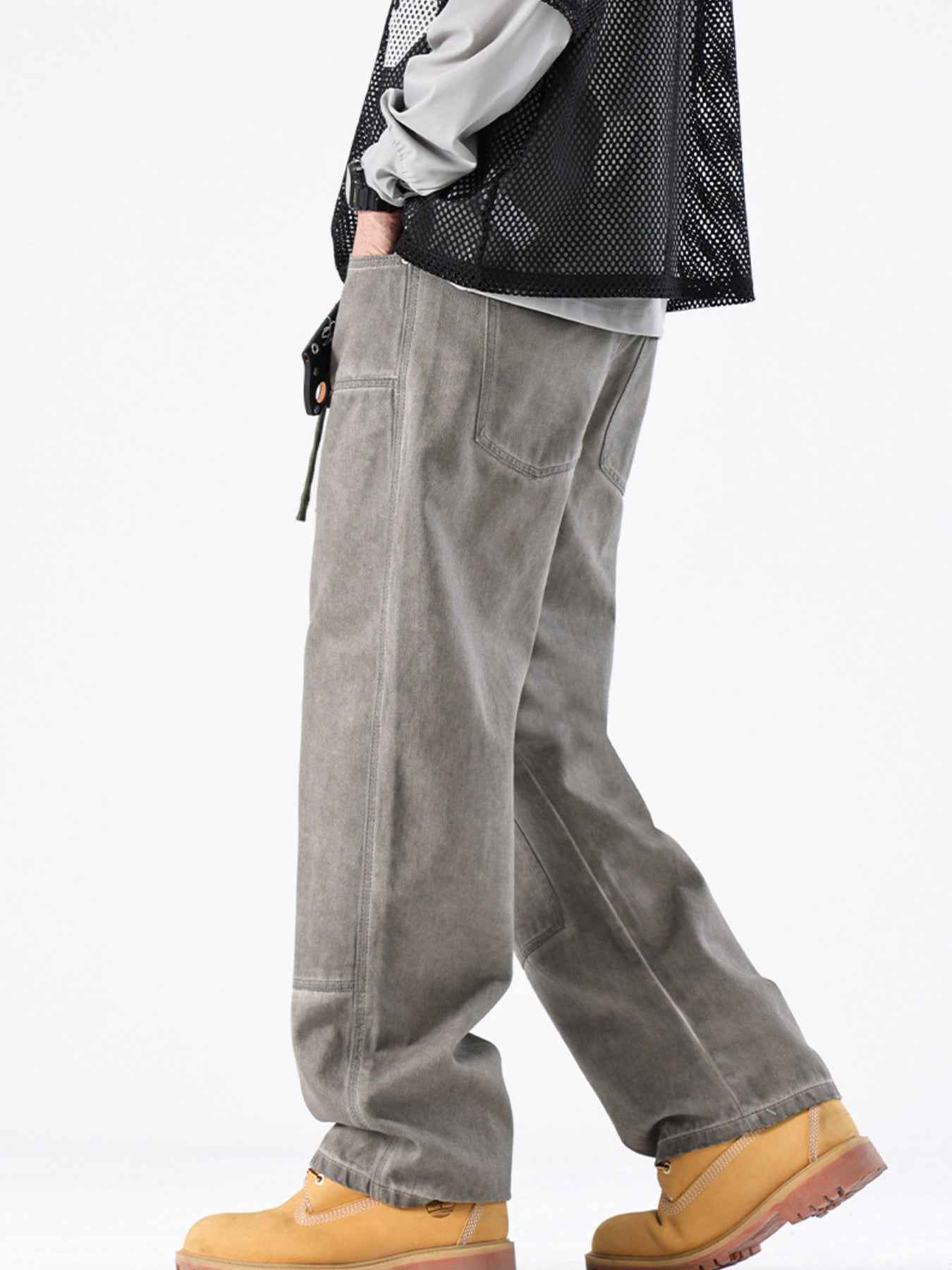 Gray Vintage Wash Wide Leg Jeans Men - Drawstring Baggy Fit
