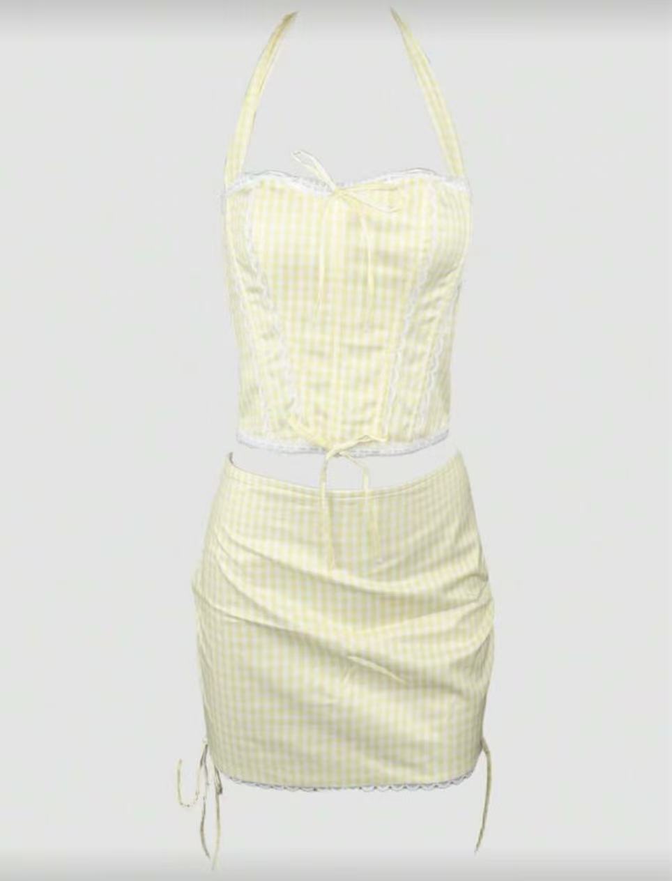Gingham Halter Skirt Set - Lace-Up Back and Scalloped Trim