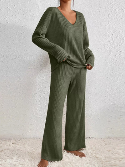 Ribbed Loungewear Set - V-Neck Top Wide-Leg Pants - Fashions Envy