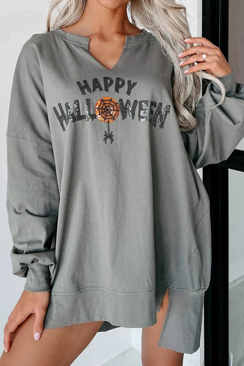 Sequin Letter Graphic Notched Long Sleeve Sweatshirt - Fashions Envy
