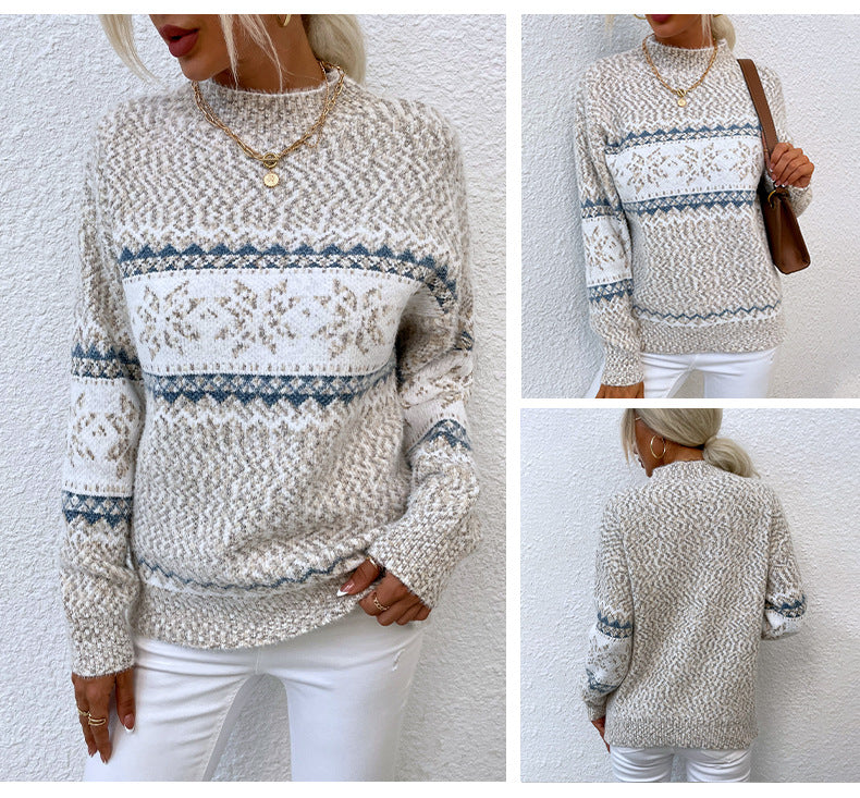 Christmas Snowflake Knit Sweater - Mock Neck and Ribbed Trim