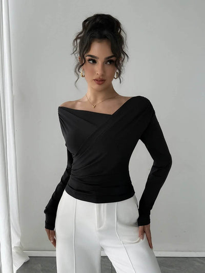 Asymmetrical Long Sleeve Blouse - Ruched Detail Top - Fashions Envy