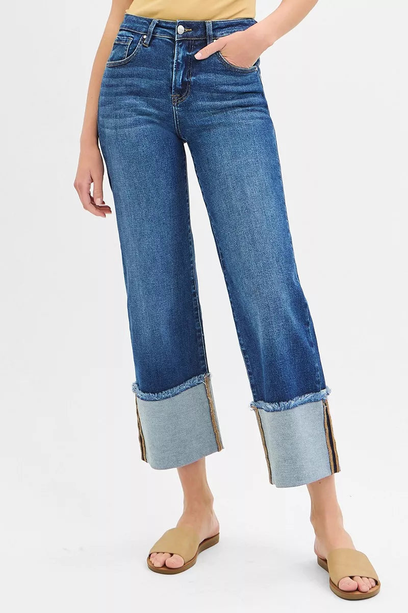 RISEN Full Size Mid Rise Crop Wide Wide Cuffed Jeans Plus Size - Fashions Envy