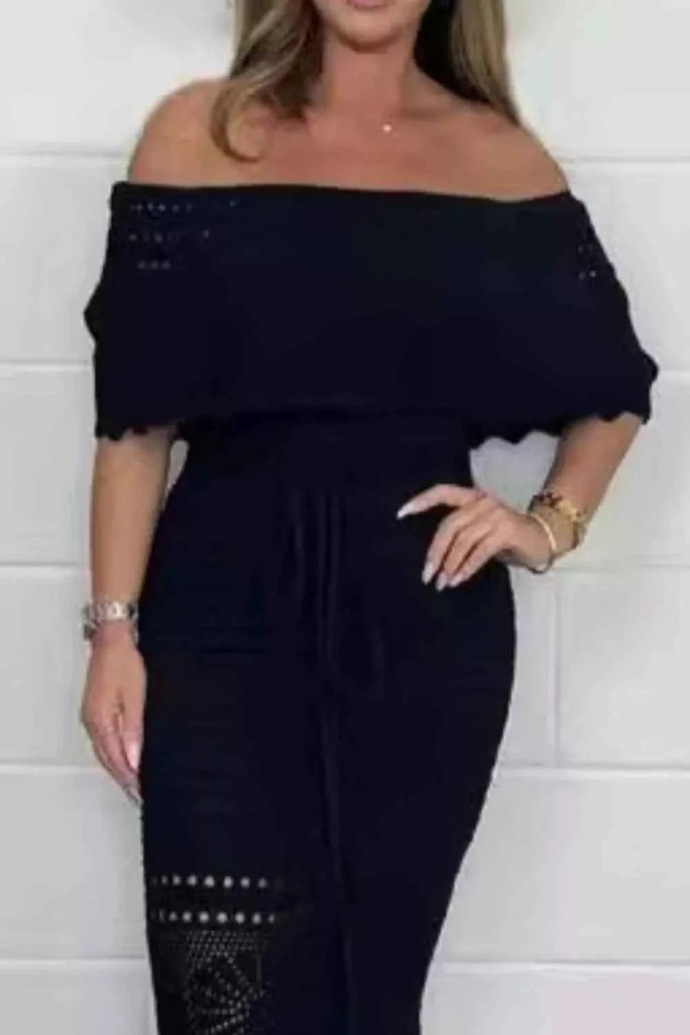 Off-Shoulder Maxi Dress - Waist Tie Crochet Cutouts