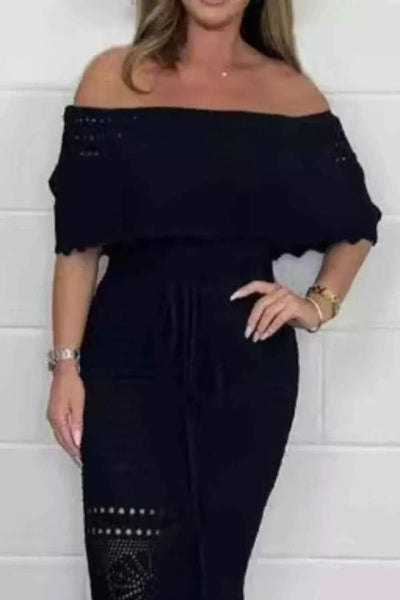 Off-Shoulder Maxi Dress - Waist Tie Crochet Cutouts