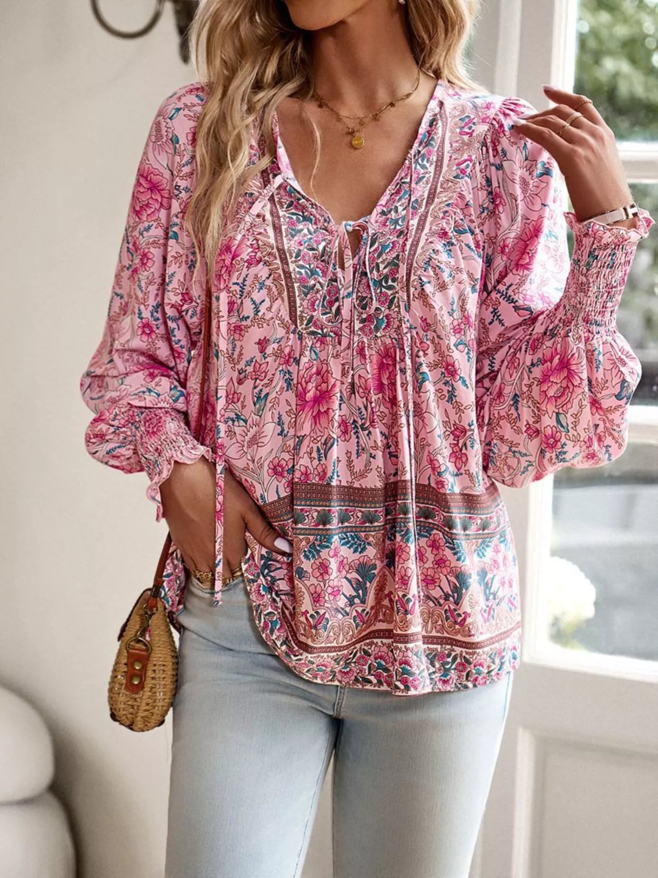 Bohemian Blouse - Floral Print Tie Neck - Fashions Envy