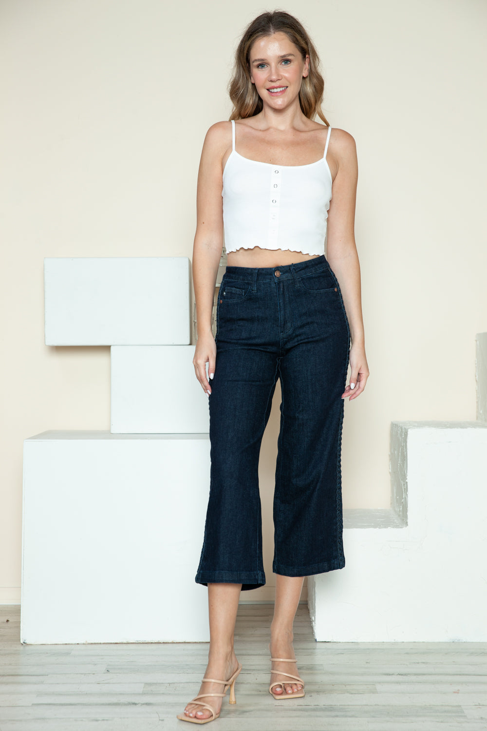 Judy Blue Full Size Side Seam Braid Detail Crop Wide Leg Jeans - Fashions Envy