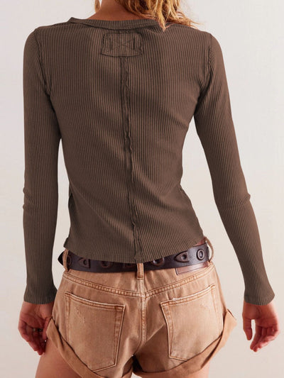 Ribbed Button-up Round Neck Long Sleeve Top
