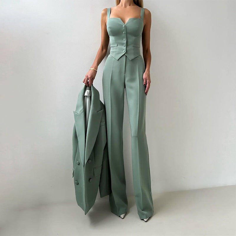 Three-piece suit set in light teal: button-front sleeveless vest and wide-leg pants