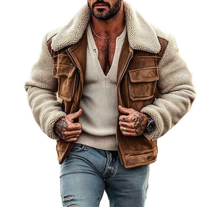 Mens Shearling-Blend Suede-Lined Lapel Zip Jacket