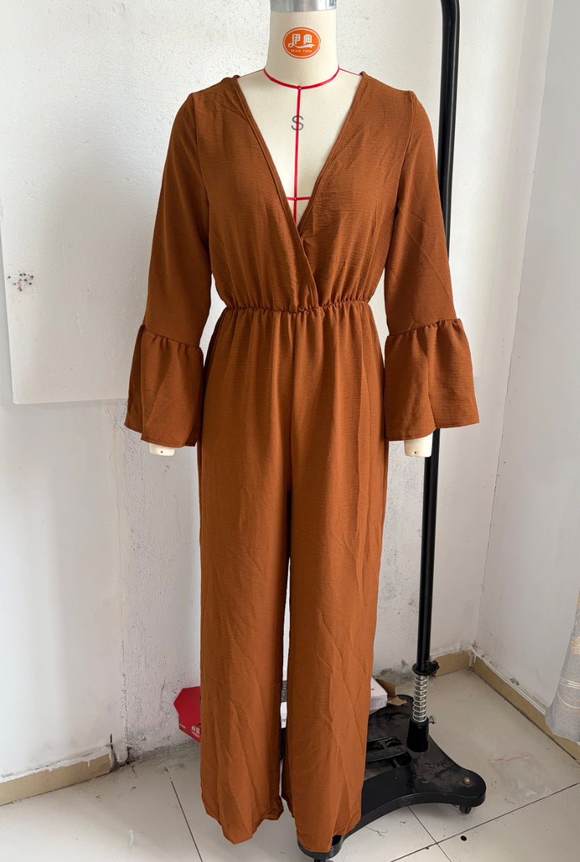 V-neck wide-leg jumpsuit in brown with gathered waist and flared bell sleeves