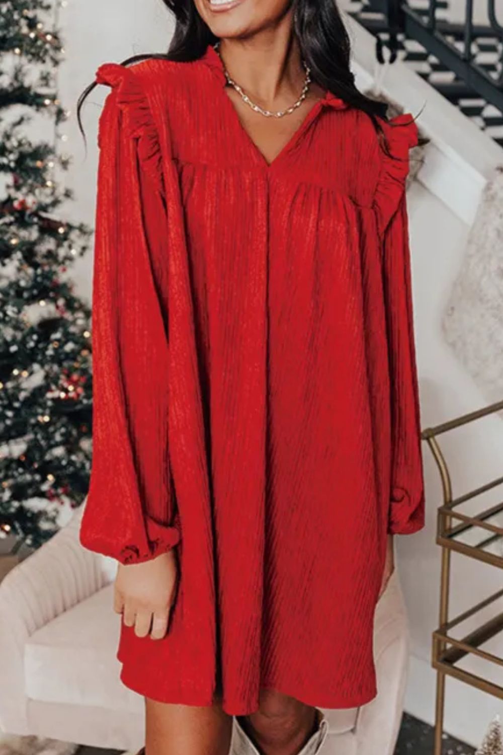 Frill Notched Long Sleeve Mini Dress