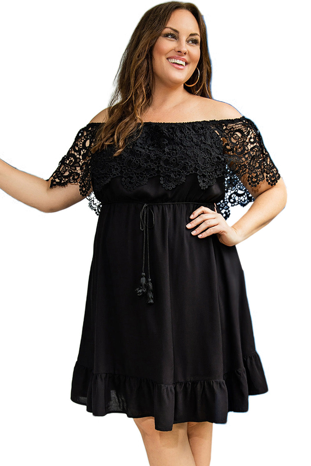 Black Off-the-shoulder Lace Sleeves Plus size Dress